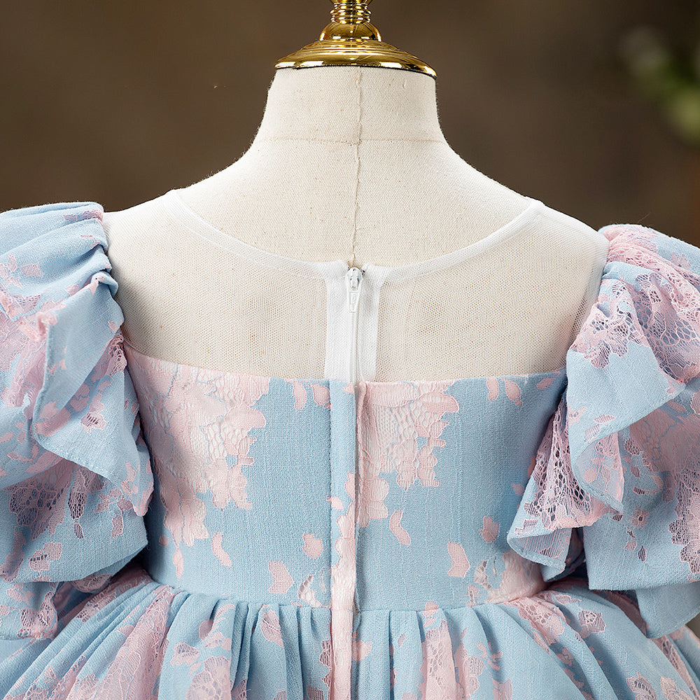 Blue Princess Tea-Length Flower Girl Dress with Puff Sleeves