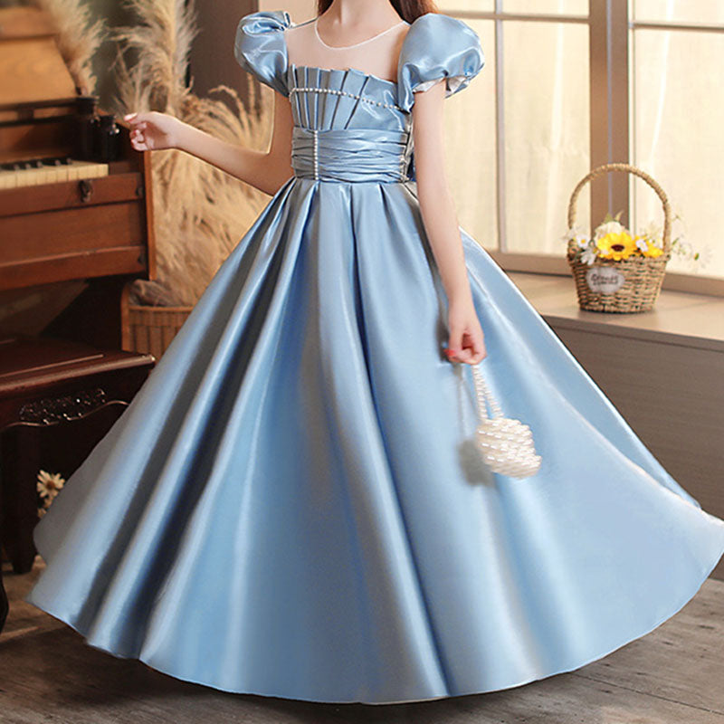 Blue Satin A-Line Flower Girl Dress Ruffle Puff Sleeve