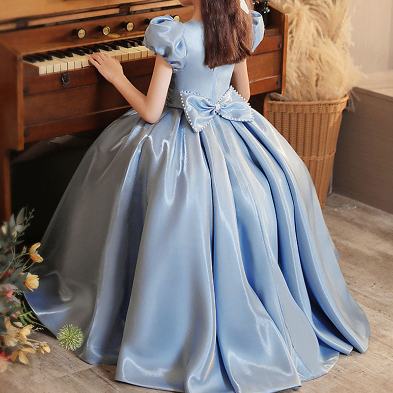 Blue Satin A-Line Flower Girl Dress Ruffle Puff Sleeve