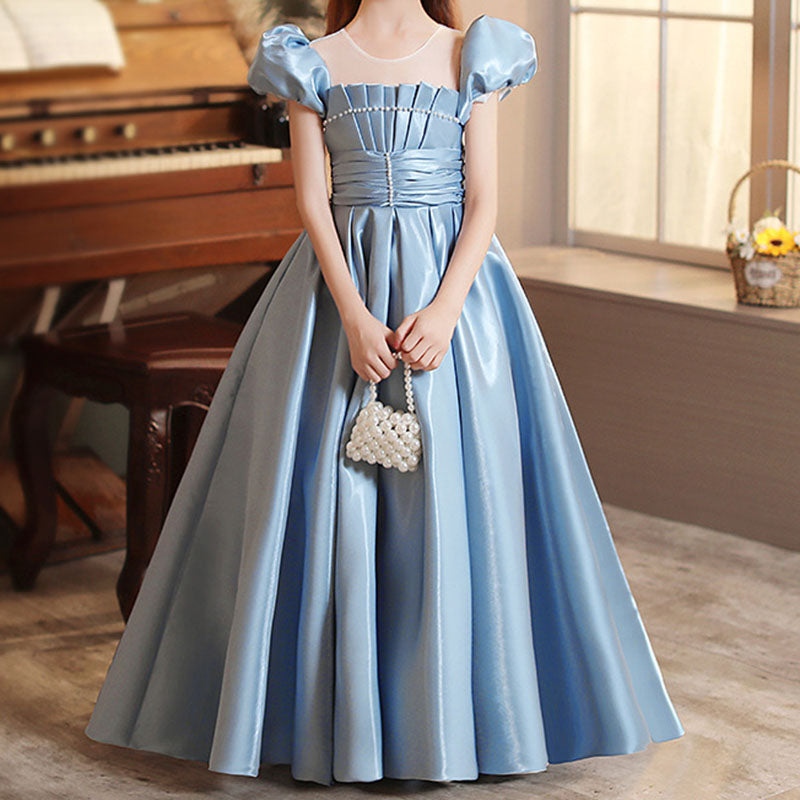 Blue Satin A-Line Flower Girl Dress Ruffle Puff Sleeve