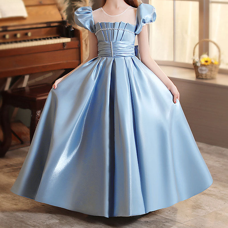 Blue Satin A-Line Flower Girl Dress Ruffle Puff Sleeve