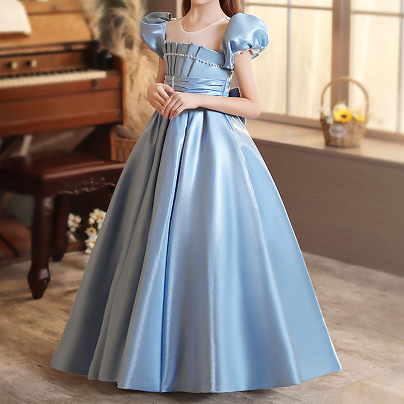 Blue Satin A-Line Flower Girl Dress Ruffle Puff Sleeve