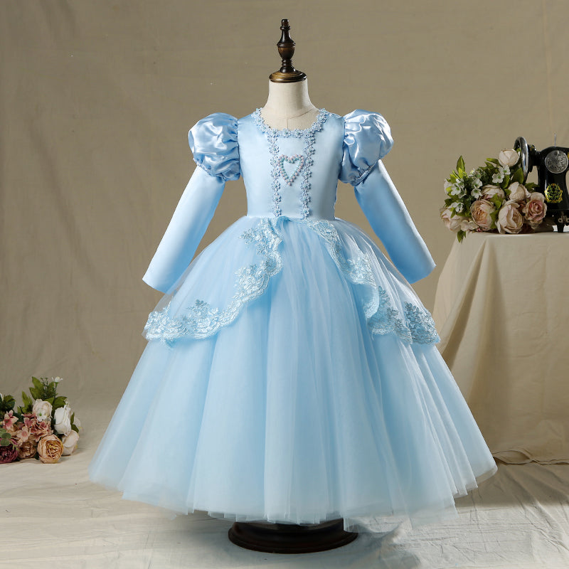 Blue Satin Lace Princess Flower Girl Dress Long Puff Sleeve