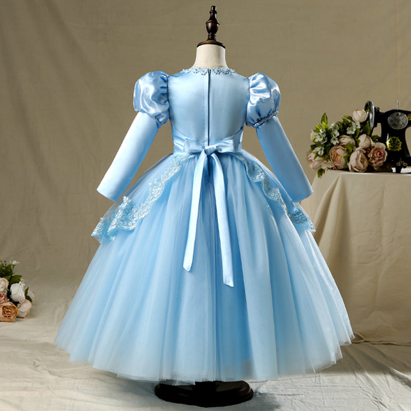 Blue Satin Lace Princess Flower Girl Dress Long Puff Sleeve