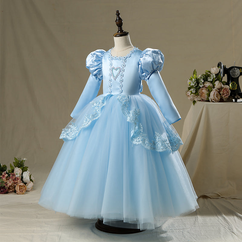 Blue Satin Lace Princess Flower Girl Dress Long Puff Sleeve