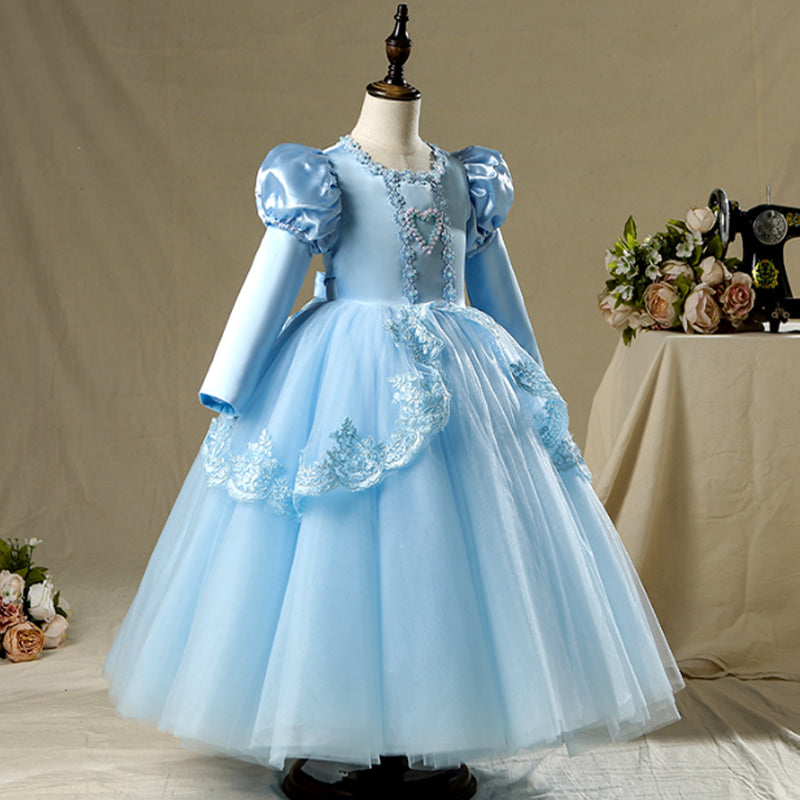 Blue Satin Lace Princess Flower Girl Dress Long Puff Sleeve