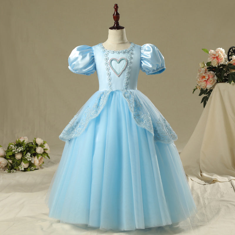 Blue Satin Lace Princess Flower Girl Dress Long Puff Sleeve