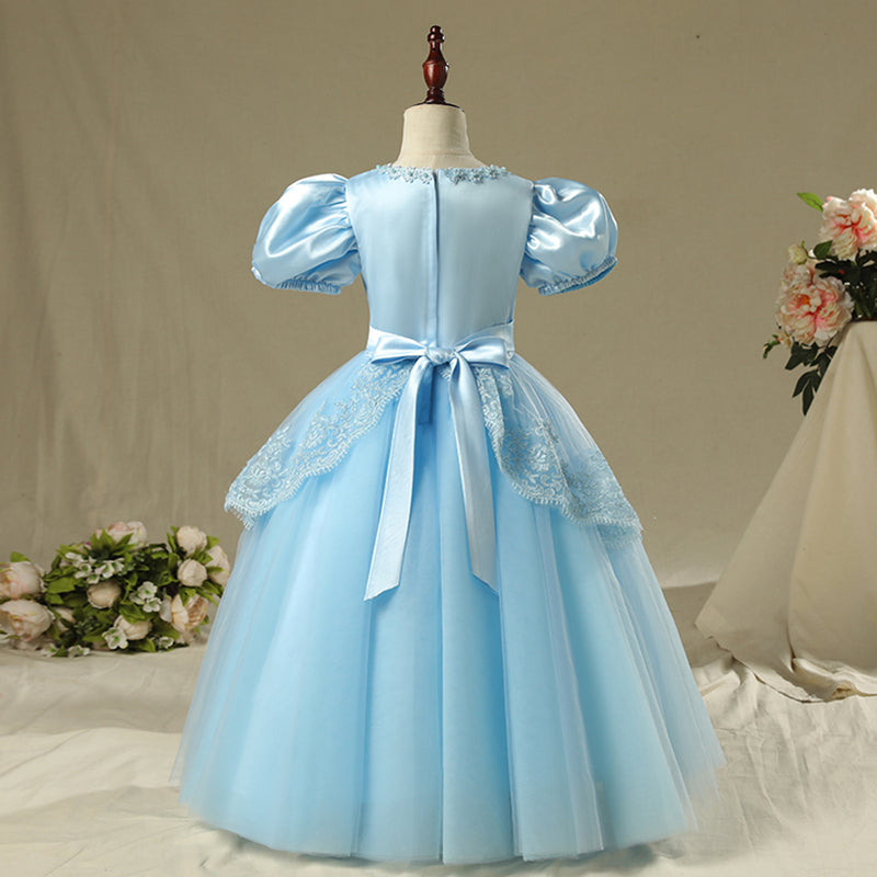 Blue Satin Lace Princess Flower Girl Dress Long Puff Sleeve