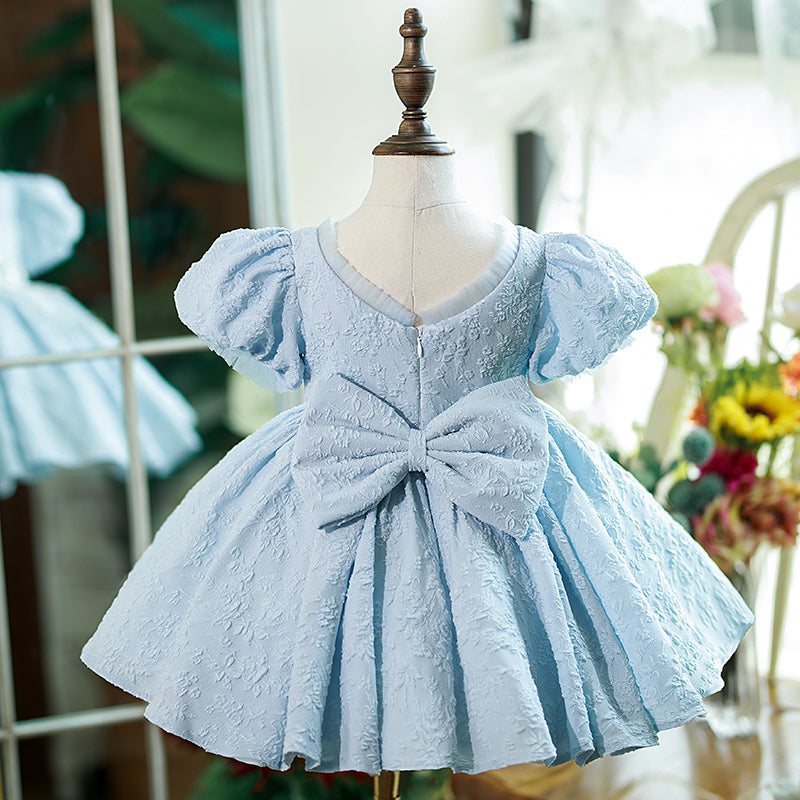 Blue Satin Princess Flower Girl Dress Lace Flower Square Neck