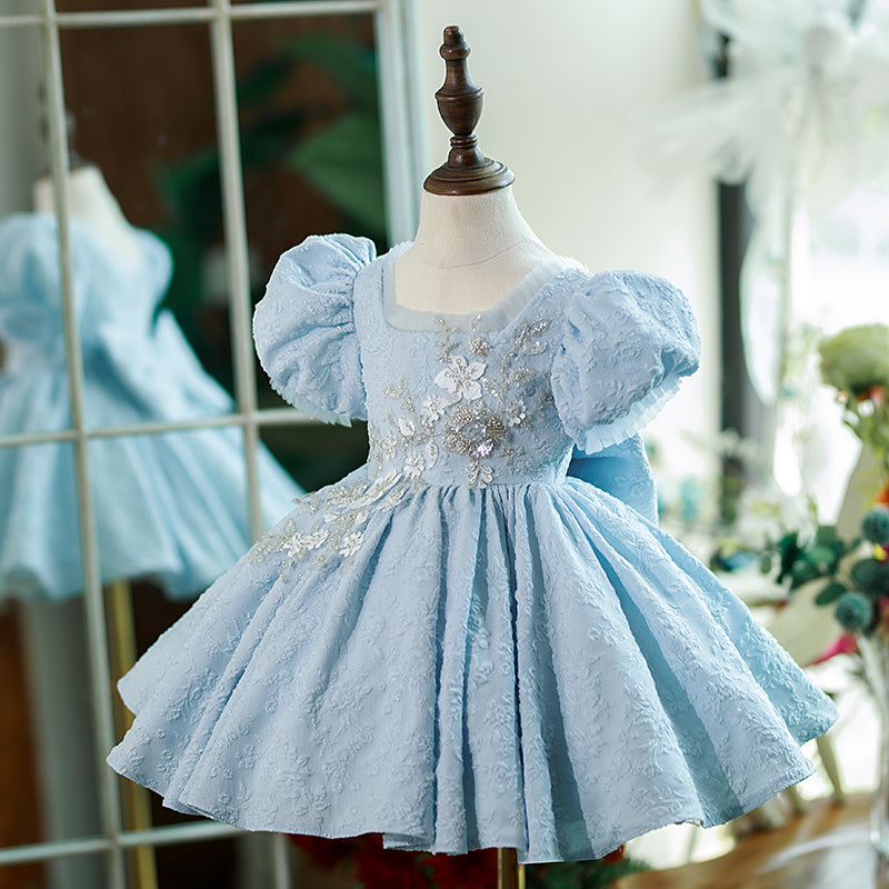 Blue Satin Princess Flower Girl Dress Lace Flower Square Neck