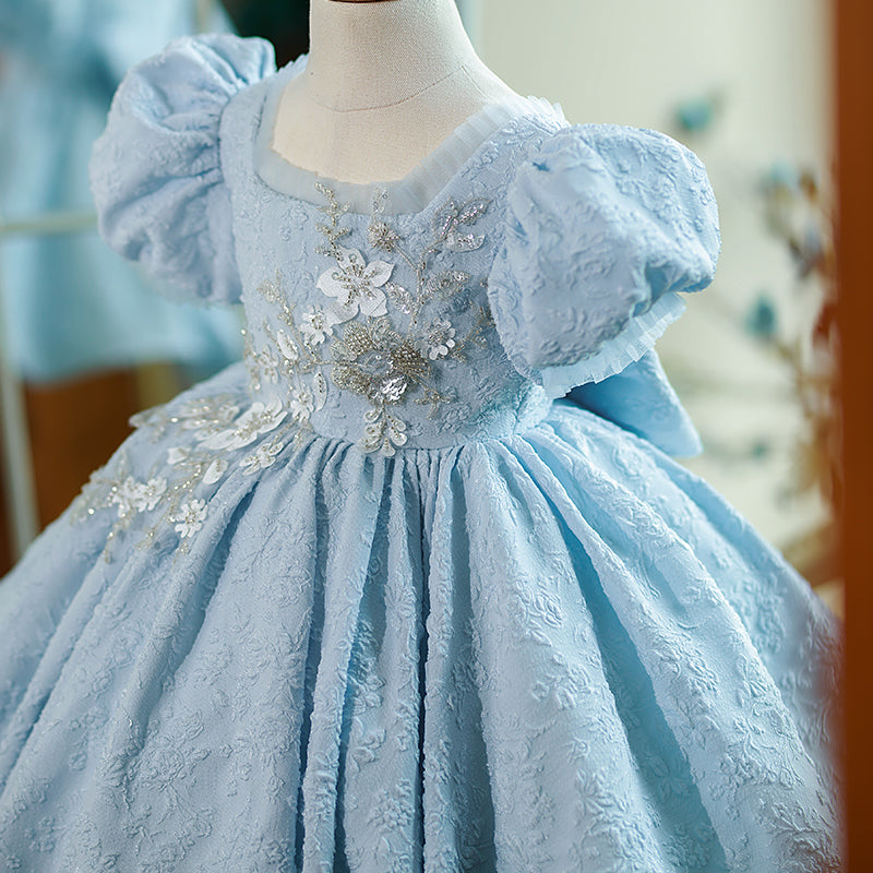 Blue Satin Princess Flower Girl Dress Lace Flower Square Neck