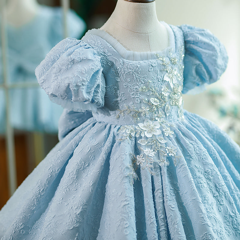 Blue Satin Princess Flower Girl Dress Lace Flower Square Neck