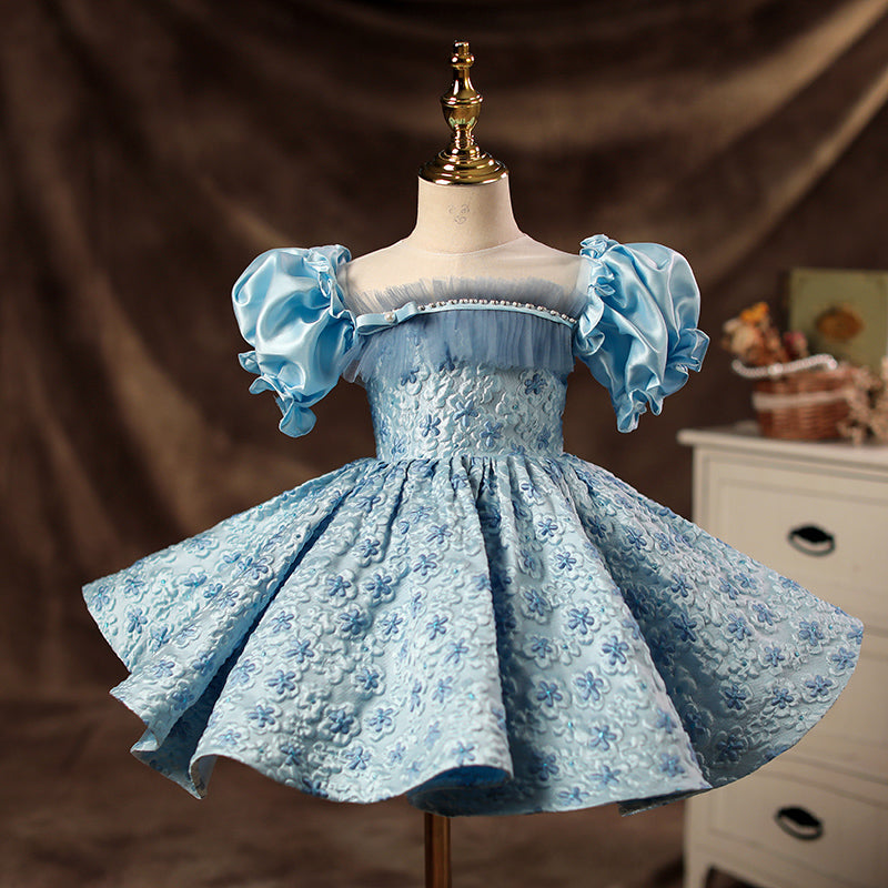 Blue Satin Princess Flower Girl Dress Puff Sleeve Flowers
