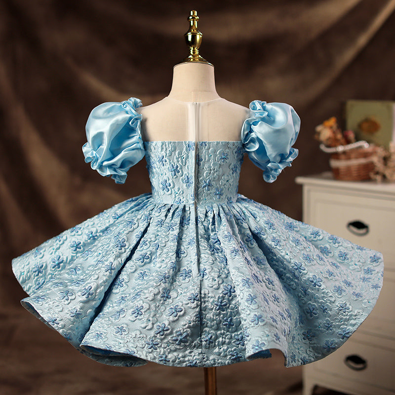 Blue Satin Princess Flower Girl Dress Puff Sleeve Flowers