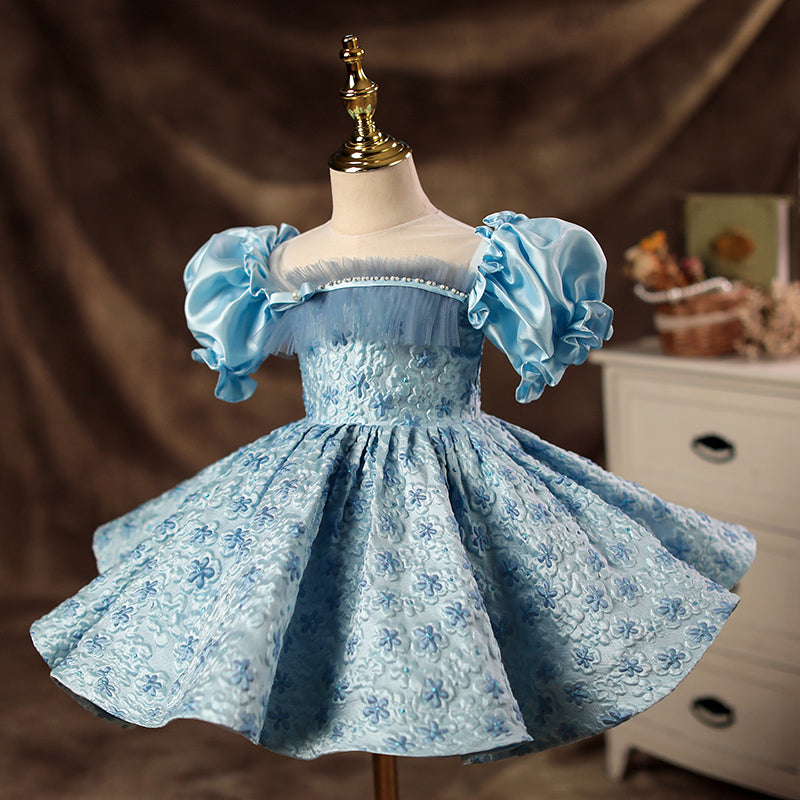 Blue Satin Princess Flower Girl Dress Puff Sleeve Flowers
