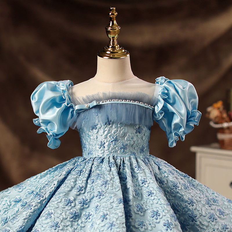 Blue Satin Princess Flower Girl Dress Puff Sleeve Flowers