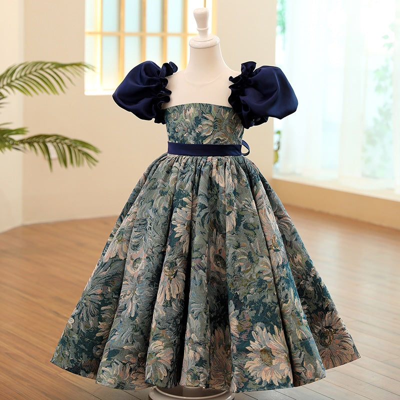 Blue Satin Princess Flower Girl Dress Short Puff Sleeves Flowers