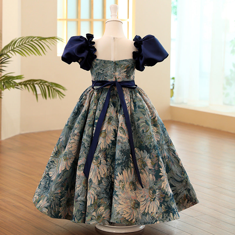 Blue Satin Princess Flower Girl Dress Short Puff Sleeves Flowers