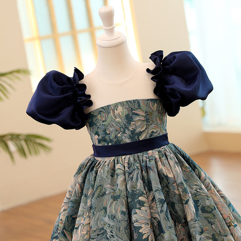 Blue Satin Princess Flower Girl Dress Short Puff Sleeves Flowers