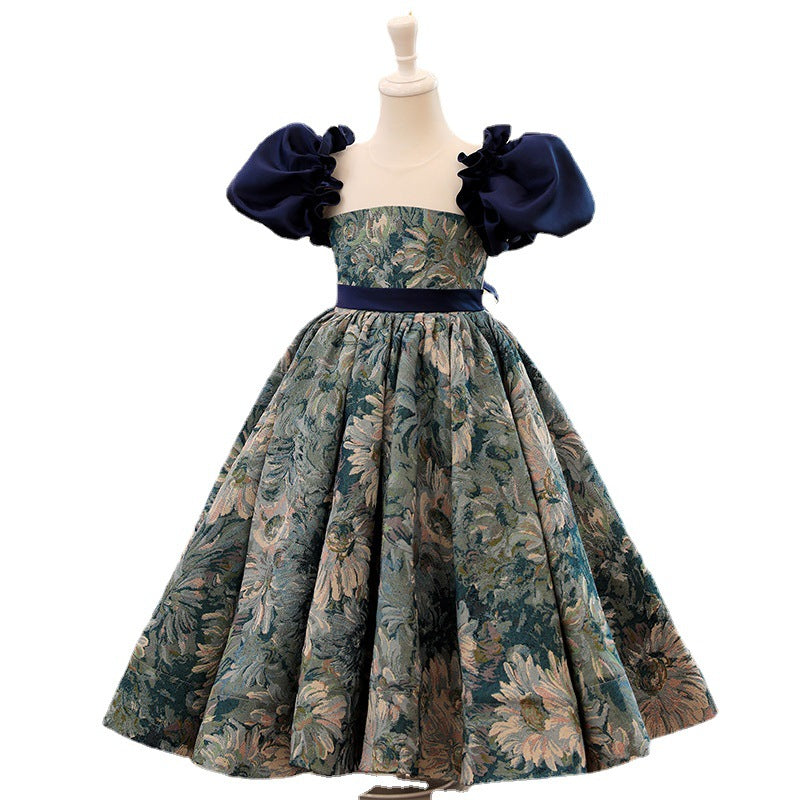 Blue Satin Princess Flower Girl Dress Short Puff Sleeves Flowers