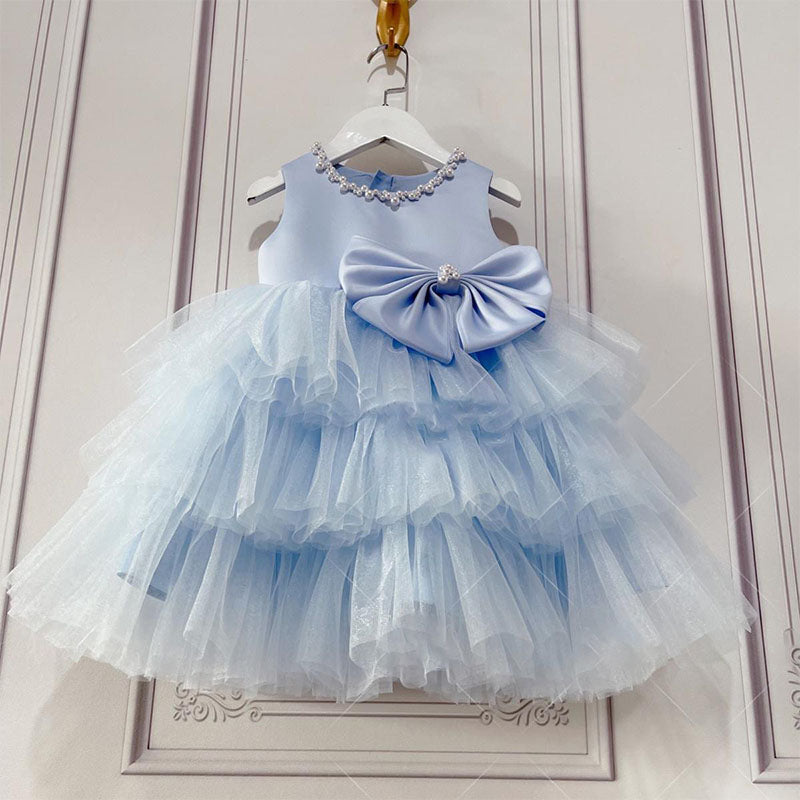 Blue Satin Tulle Flower Girl Dress A-Line Beaded Bow Mia Princess Blue Satin Tulle Flower Girl Dress A-Line Beaded Bow Mia Princess