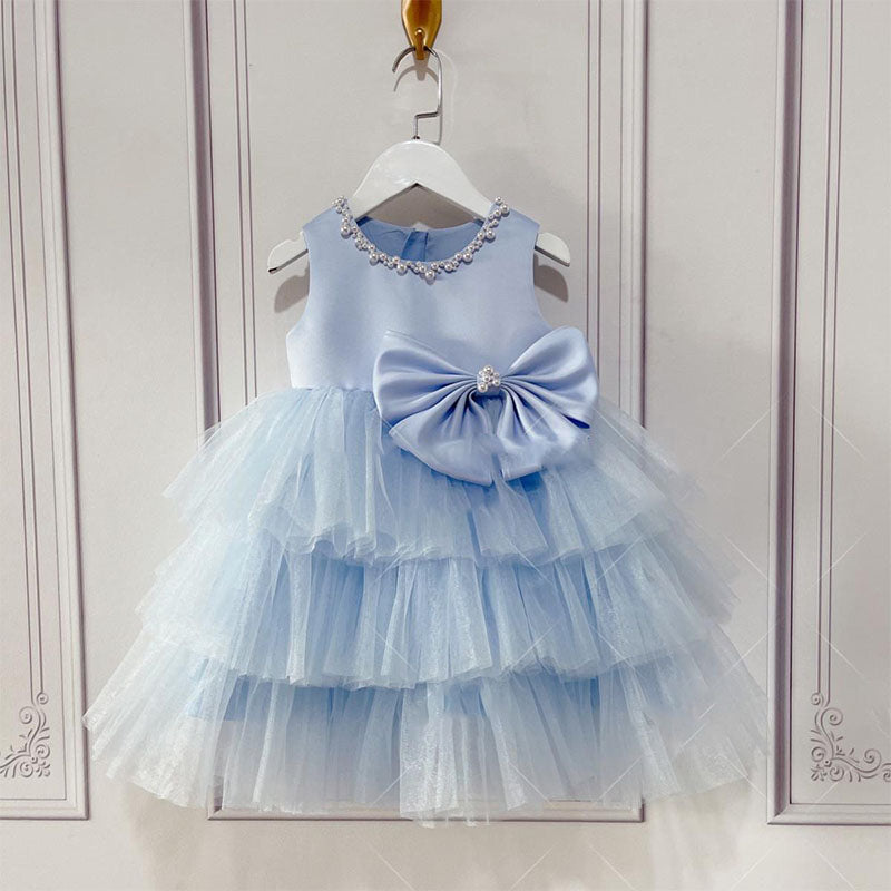 Blue Satin Tulle A-Line Flower Girl Dress Beaded Bow Tea