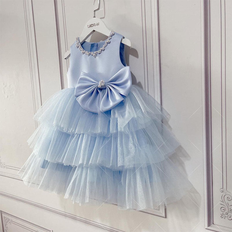 Blue Satin Tulle A-Line Flower Girl Dress Beaded Bow Tea