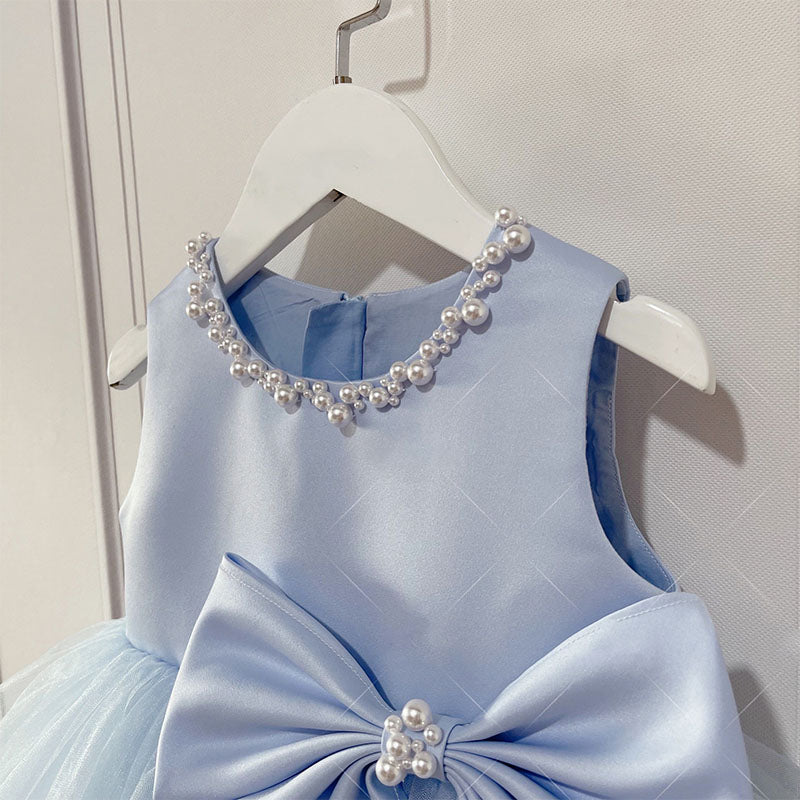 Blue Satin Tulle A-Line Flower Girl Dress Beaded Bow Tea