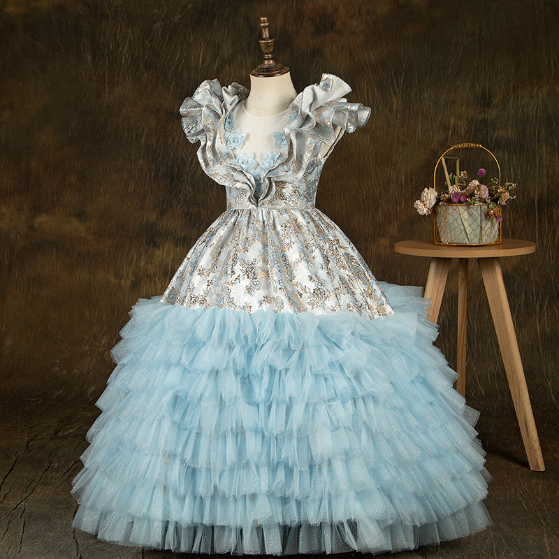 Blue Satin Tulle A-Line Flower Girl Dress Sleeveless Flowers