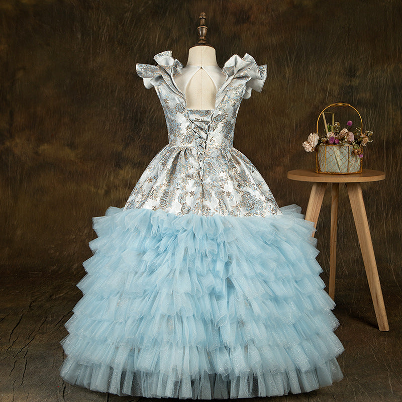 Blue Satin Tulle A-Line Flower Girl Dress Sleeveless Flowers