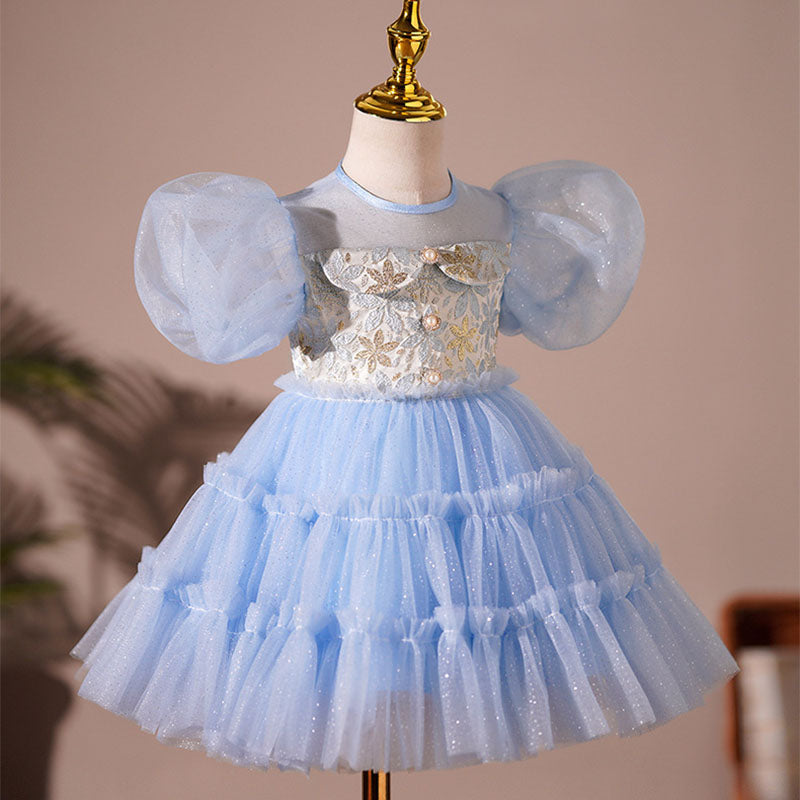 Blue Satin Tulle Princess Flower Girl Dress Pleated Puff Sleeve