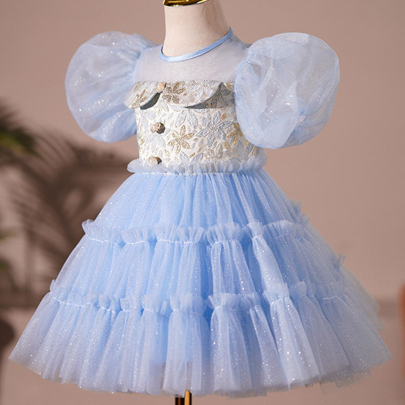 Blue Satin Tulle Princess Flower Girl Dress Pleated Puff Sleeve