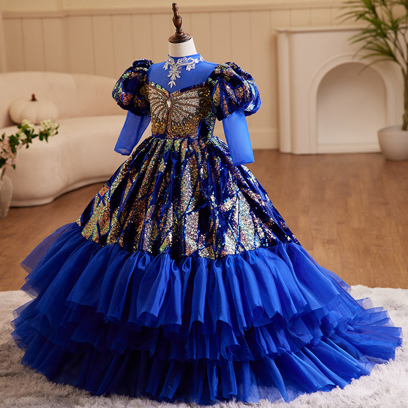 Blue Sequin A-Line Flower Girl Dress with Long Puff Sleeves