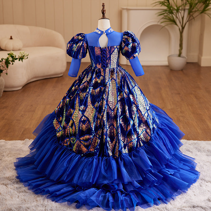 Blue Sequin A-Line Flower Girl Dress with Long Puff Sleeves