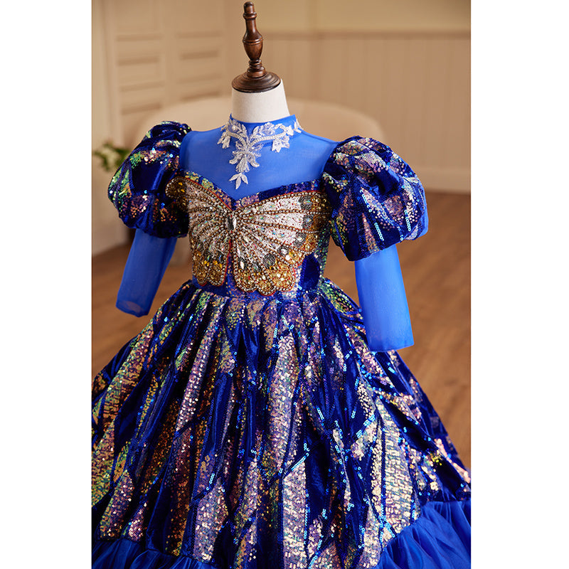 Blue Sequin A-Line Flower Girl Dress with Long Puff Sleeves