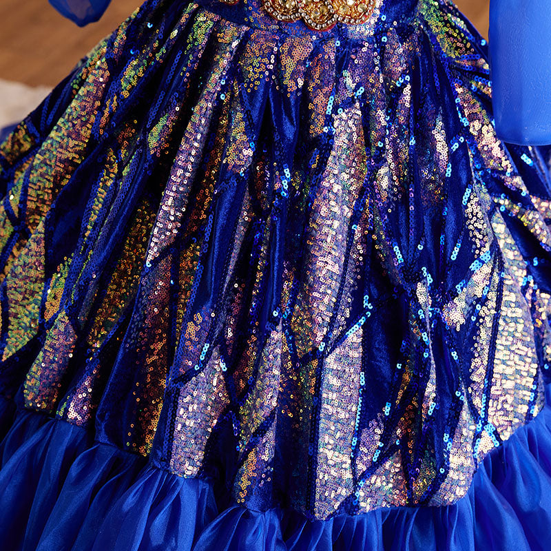 Blue Sequin A-Line Flower Girl Dress with Long Puff Sleeves