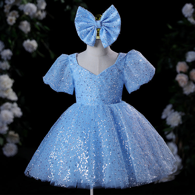 Blue Sequin A-Line Flower Girl Dress with Puff Sleeves