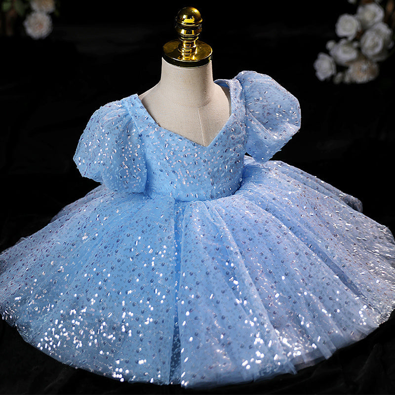 Blue Sequin A-Line Flower Girl Dress with Puff Sleeves