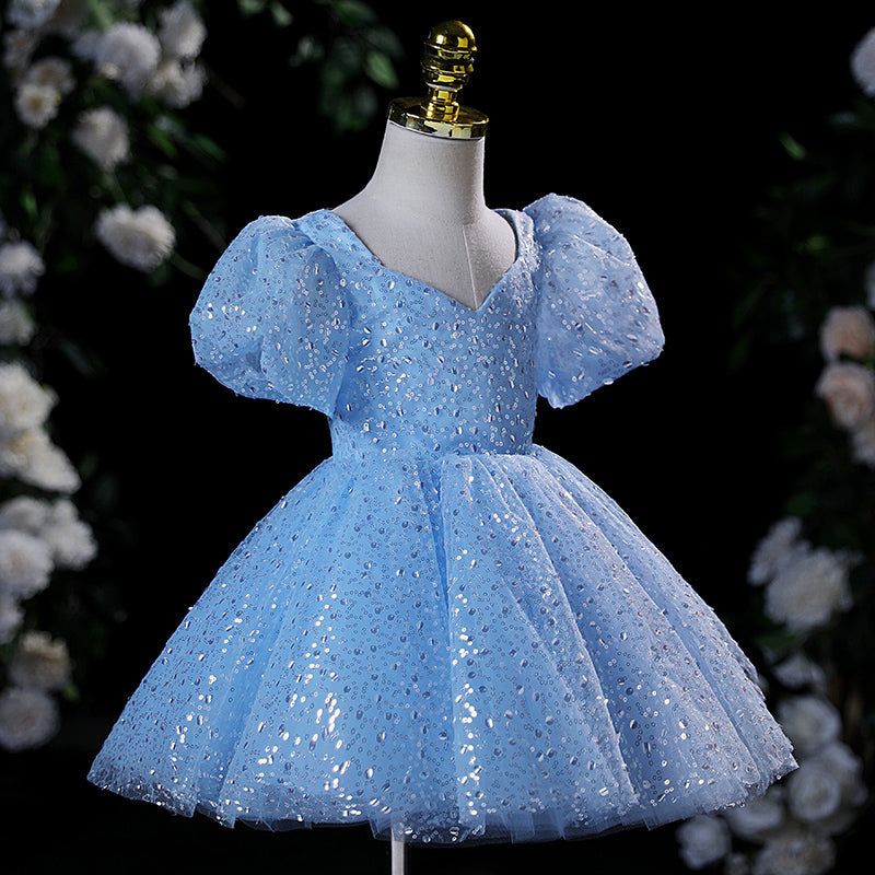 Blue Sequin A-Line Flower Girl Dress with Puff Sleeves