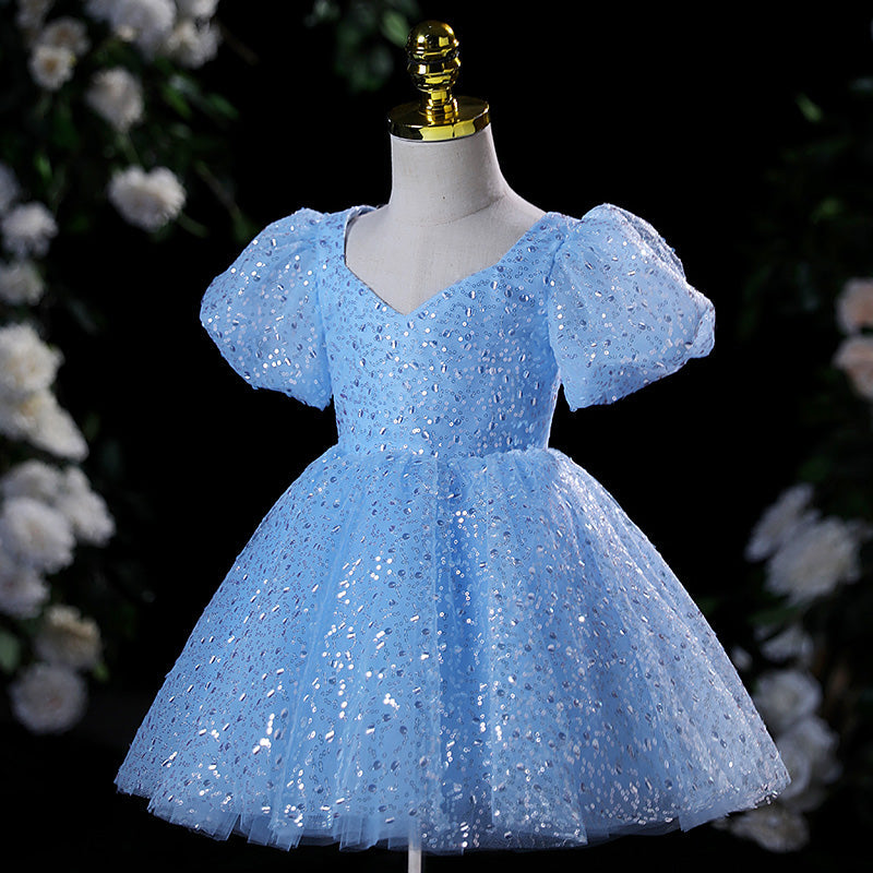 Blue Sequin A-Line Flower Girl Dress with Puff Sleeves