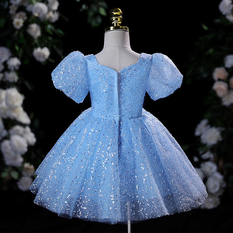 Blue Sequin A-Line Flower Girl Dress with Puff Sleeves