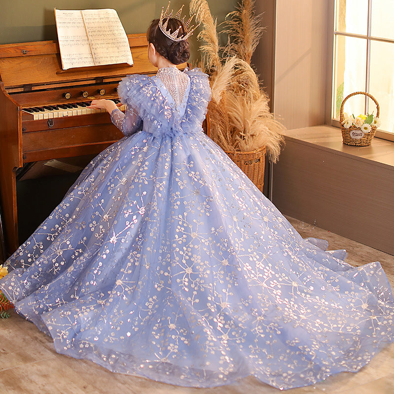 Blue Sequin Ball Gown for Girls – Long Sleeve Floor Length Princess Dress