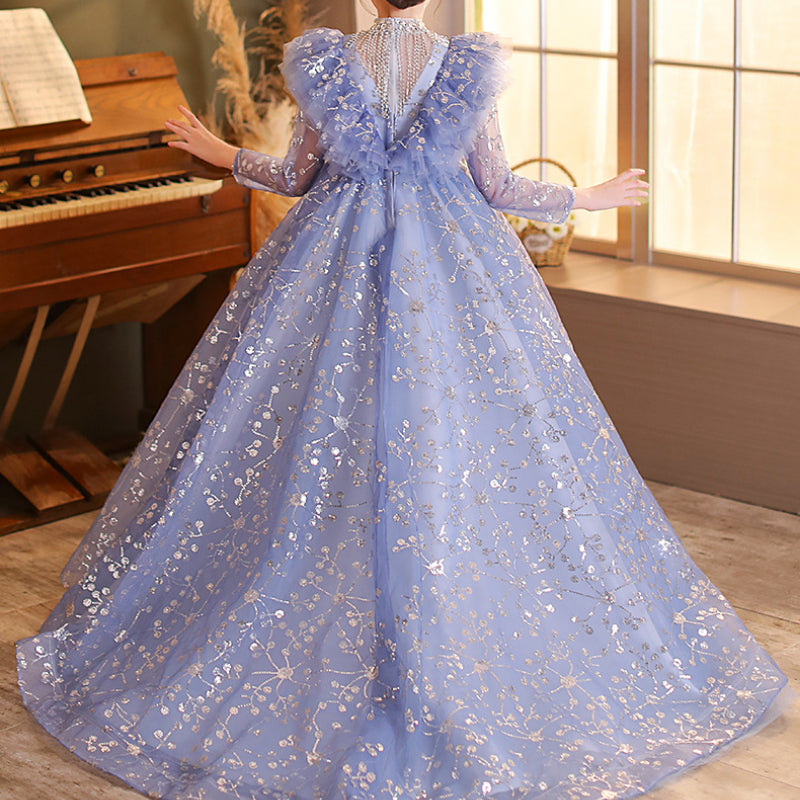 Blue Sequin Ball Gown for Girls – Long Sleeve Floor Length Princess Dress
