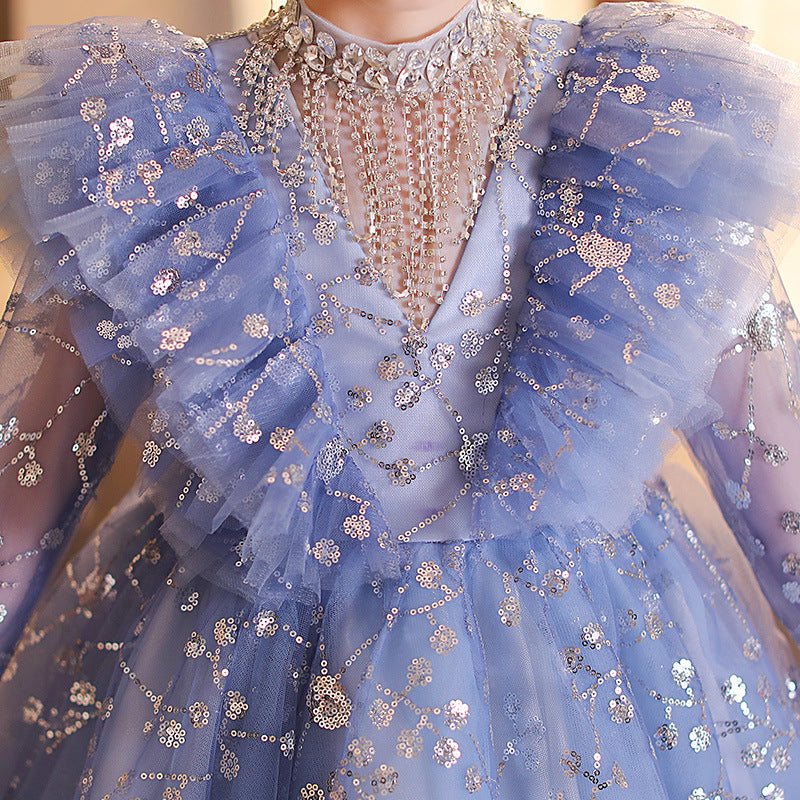 Blue Sequin Ball Gown for Girls – Long Sleeve Floor Length Princess Dress