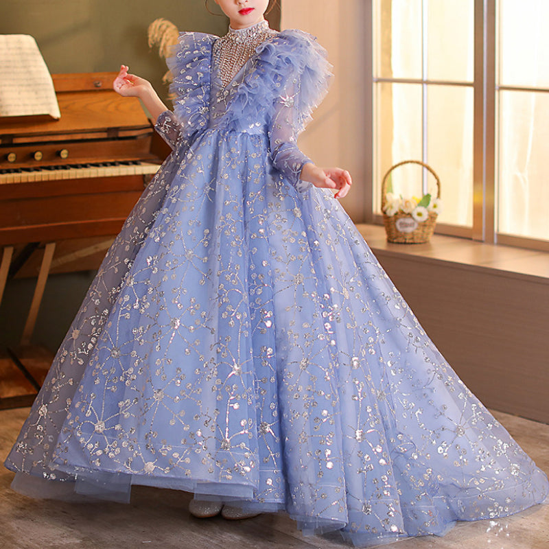 Blue Sequin Ball Gown for Girls – Long Sleeve Floor Length Princess Dress