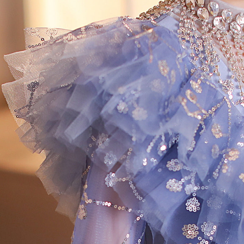 Blue Sequin Ball Gown for Girls – Long Sleeve Floor Length Princess Dress