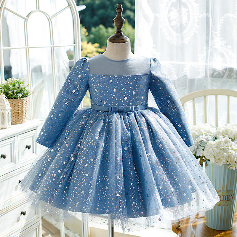 Blue Sequin Flower Girl Dress | Long Sleeve Tea Length