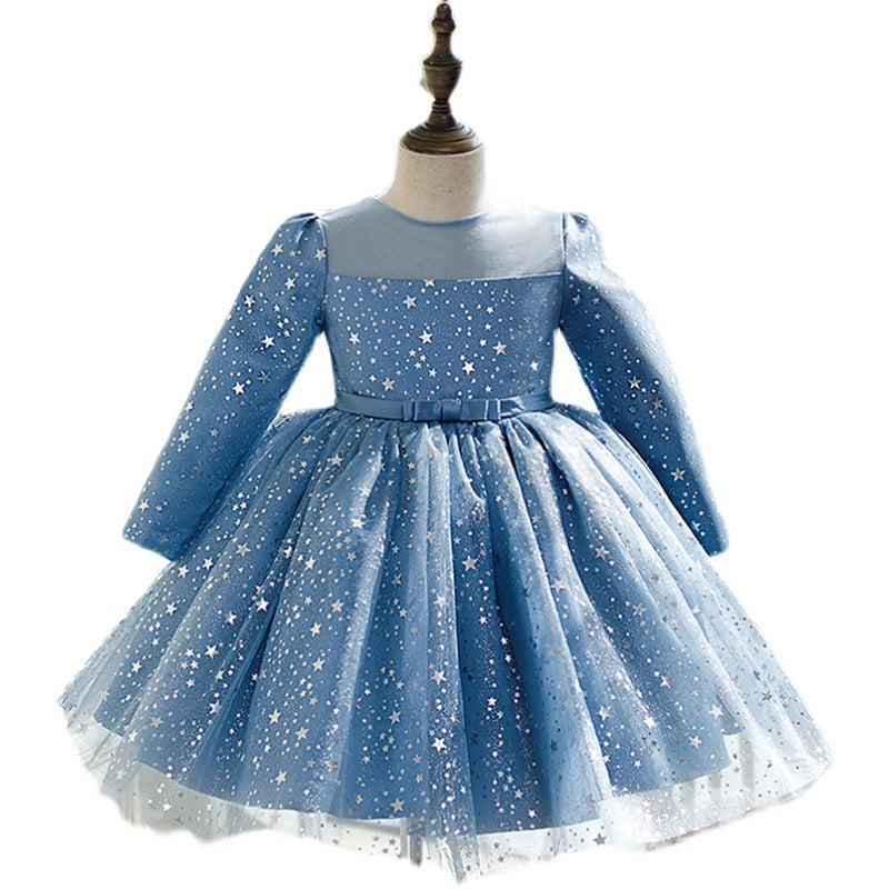 Blue Sequin Flower Girl Dress | Long Sleeve Tea Length