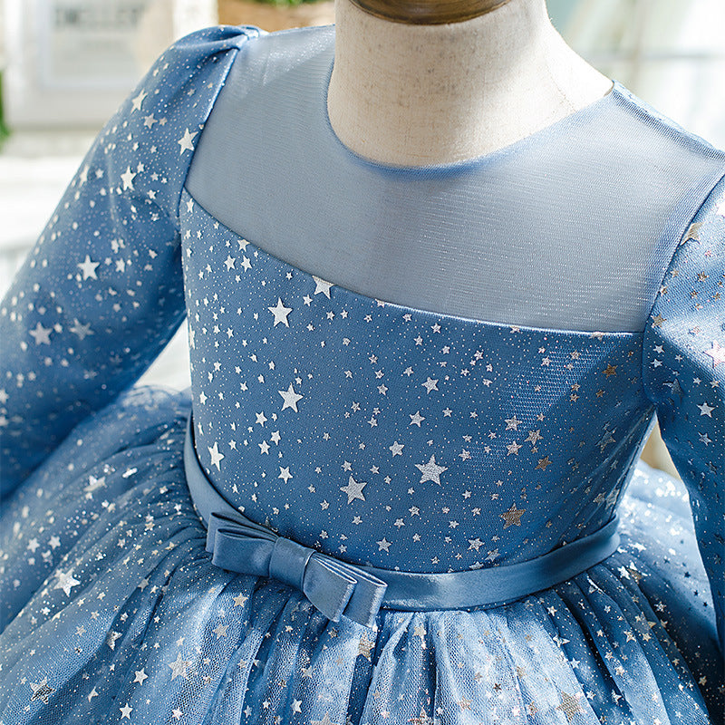 Blue Sequin Flower Girl Dress | Long Sleeve Tea Length