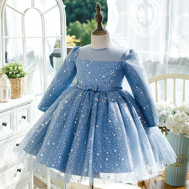 Blue Sequin Flower Girl Dress | Long Sleeve Tea Length